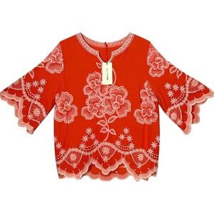 Solitaire Embroidered BOHO Chic Flare Sleeve Top Orange Size M Floral NEW